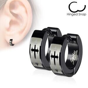 NWOT 316L Stainless Steel Black Hinged‎ Hoop Earring with Gothic Medieval cross